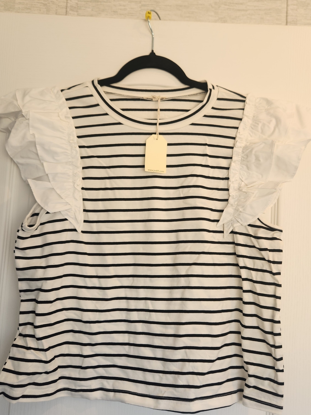 JODIFL White and Black Striped Ruffle Sleeve Top M BNWT